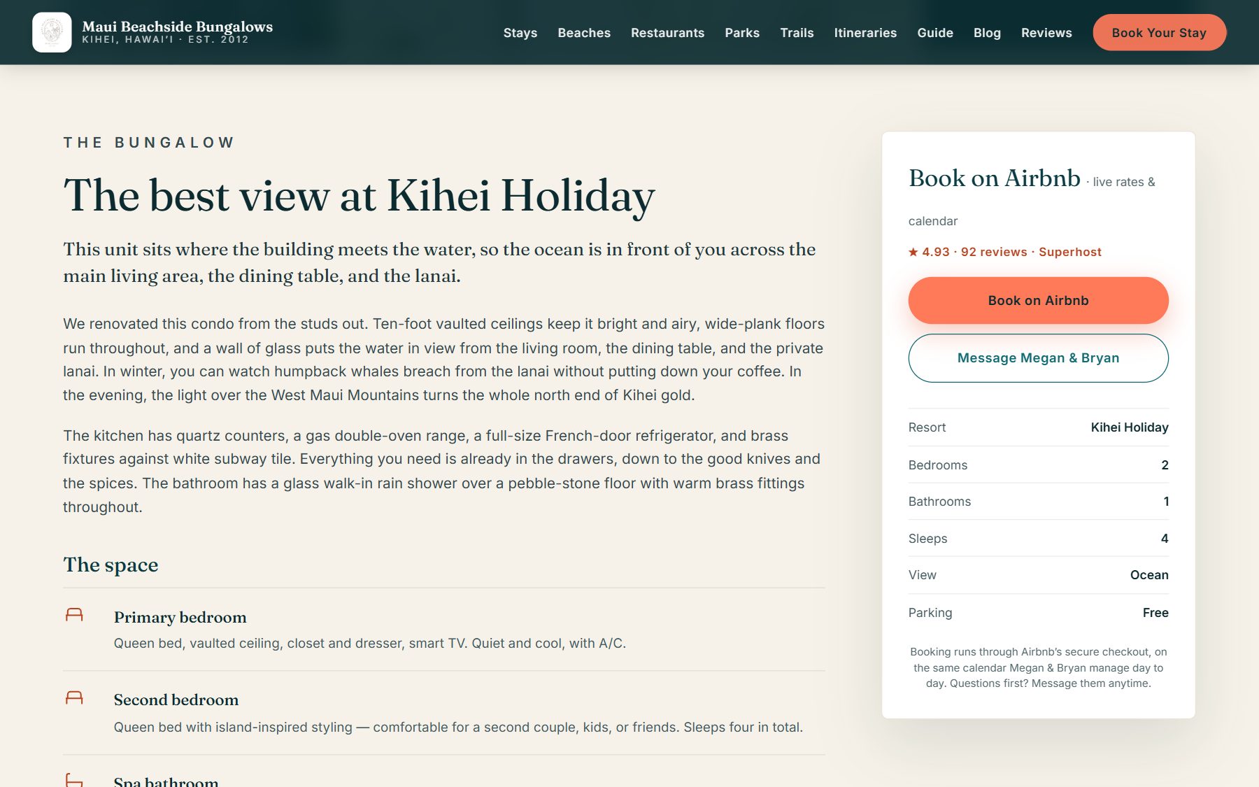 Unit page text about the condo beside a card titled Book on Airbnb, with a rating line, an orange Book on Airbnb button, a Message Megan and Bryan button and a table of resort, bedrooms, bathrooms, sleeps, view and parking.