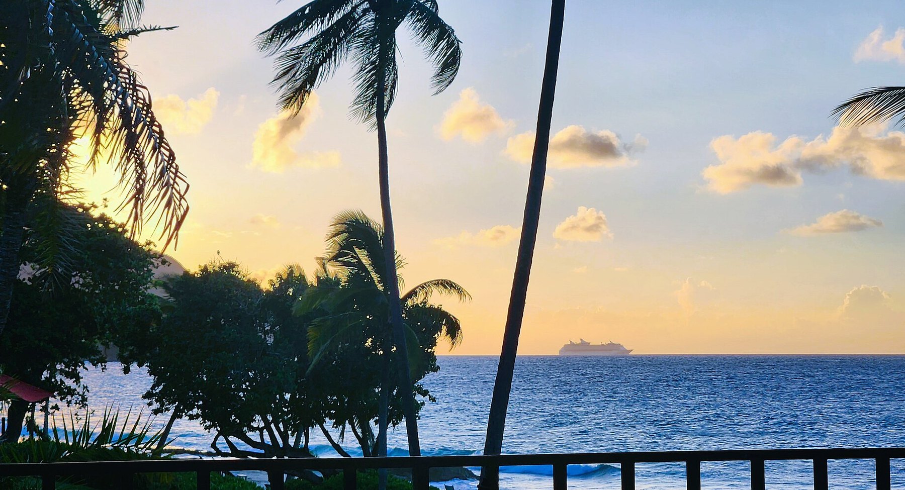 A cruise ship small on the horizon at sunset, seen over the sea between palm trees and a railing, with the sky glowing yellow and orange.