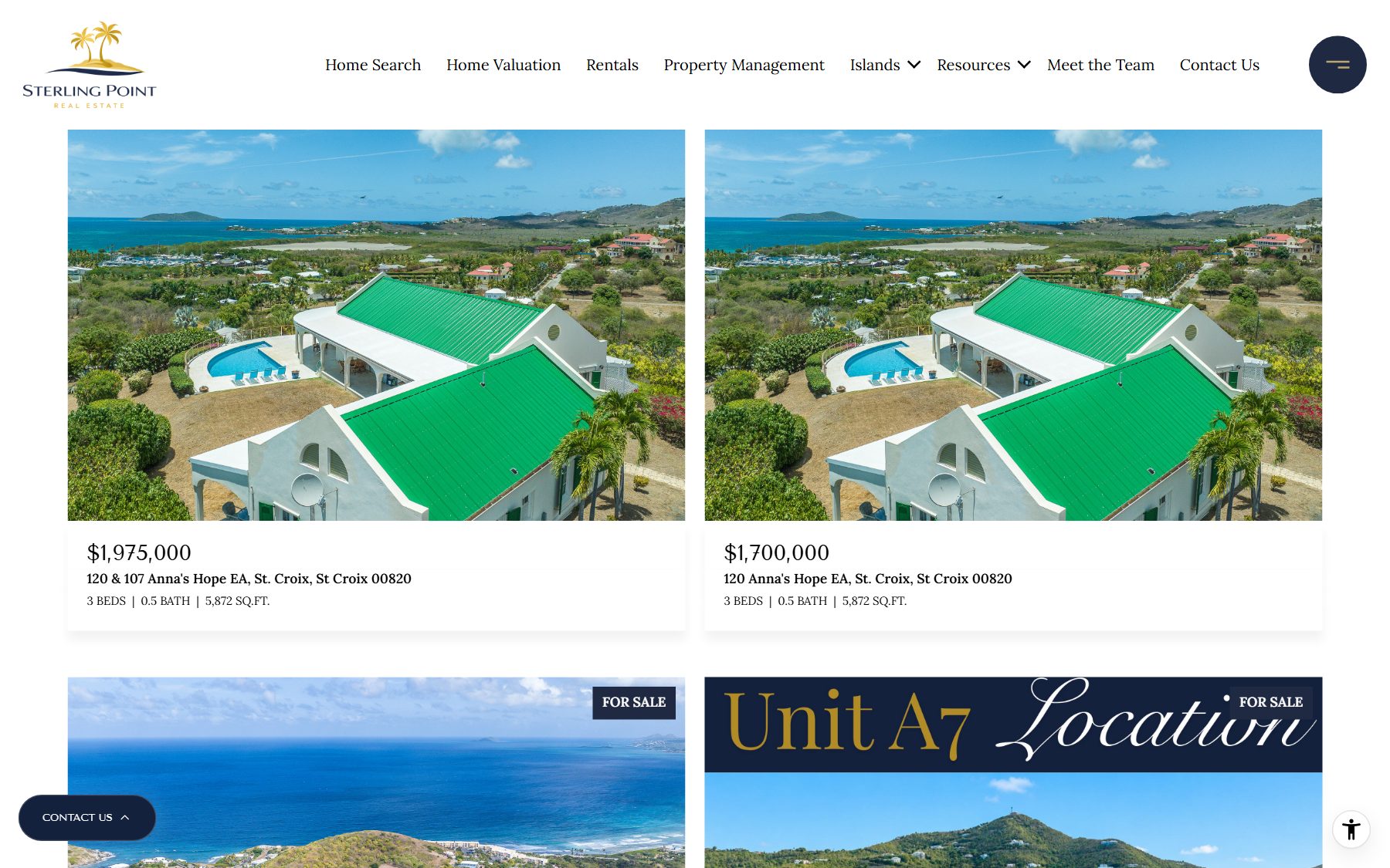 The Sterling Point Real Estate website showing a grid of properties for sale: two cards with the same aerial photograph of a green-roofed house, priced $1,975,000 and $1,700,000, at Anna's Hope, St. Croix.