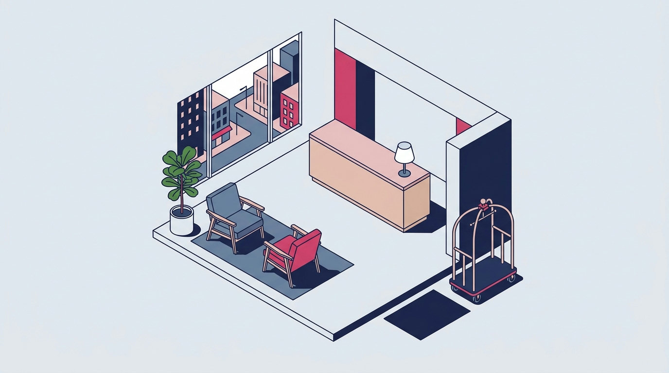 An isometric drawing of a minimalist boutique hotel lobby with a wooden reception desk, armchairs, a potted plant, and a luggage cart.