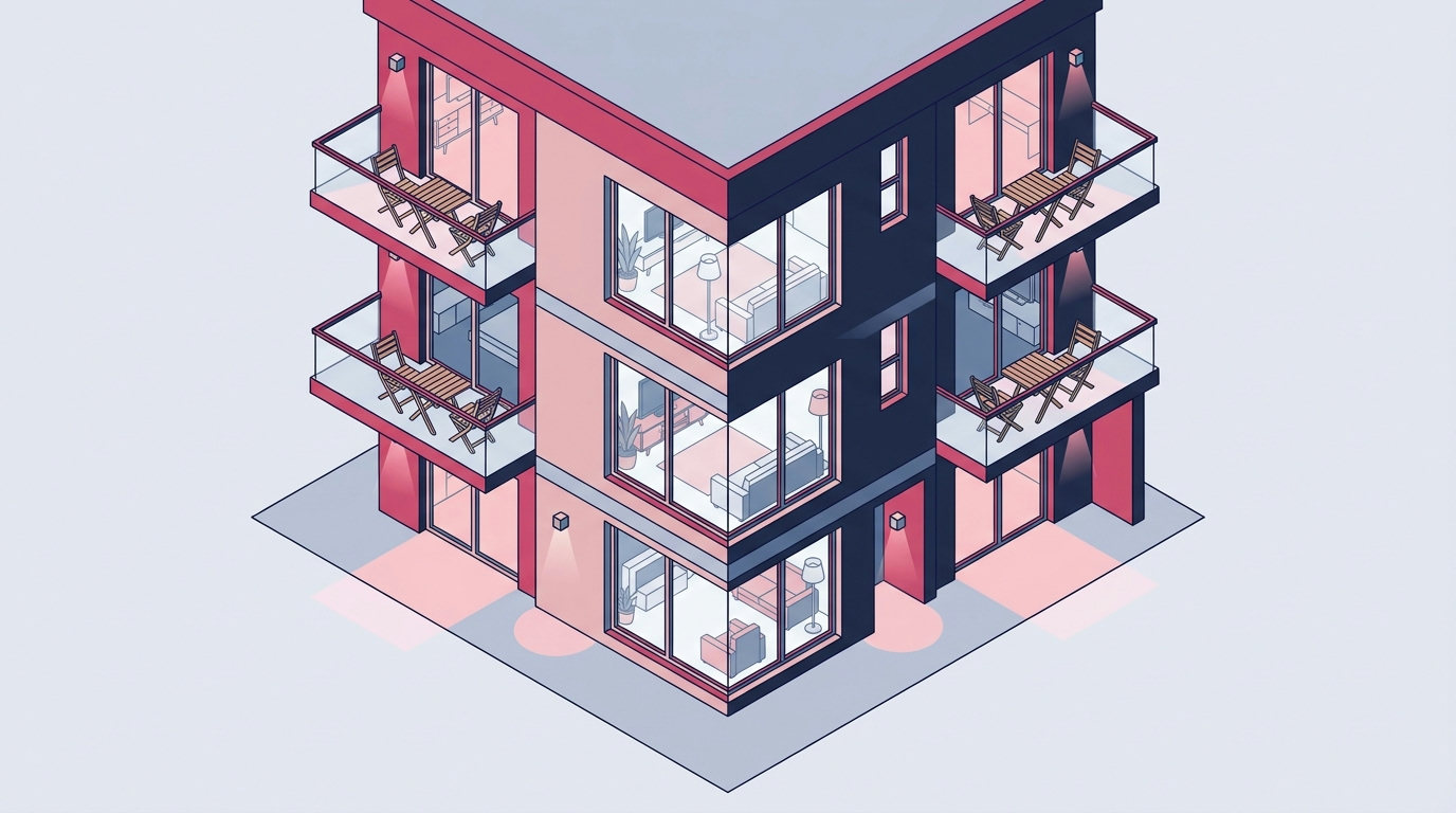 Isometric view of a modern multi-story short-term rental building with lit balconies and glass windows.