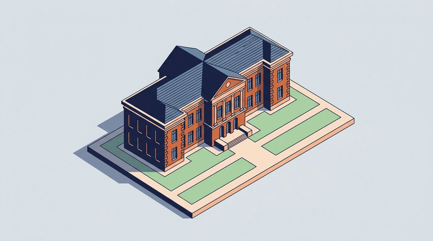 An isometric view of a classic brick public library building with green lawns.