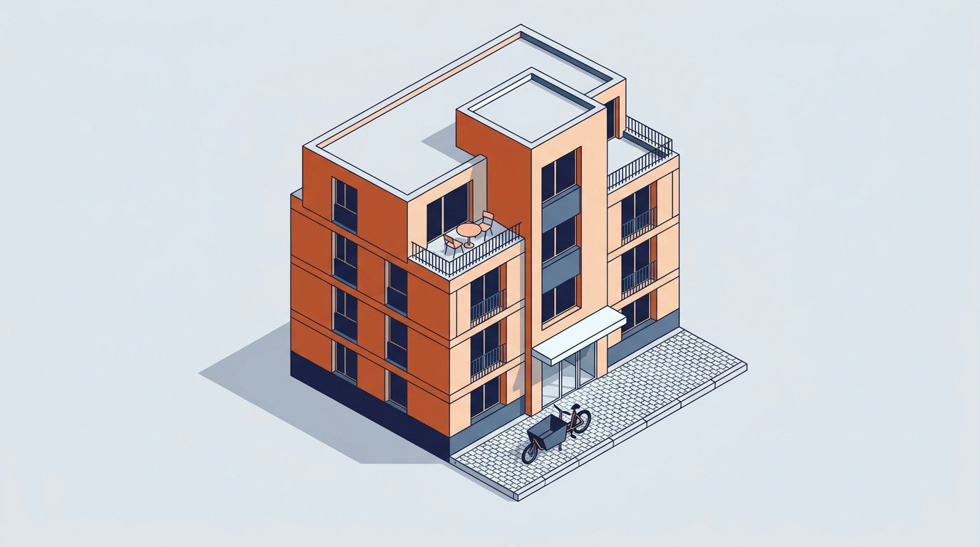 An isometric drawing of a European apartment building with a delivery bicycle parked on the cobblestone street outside.
