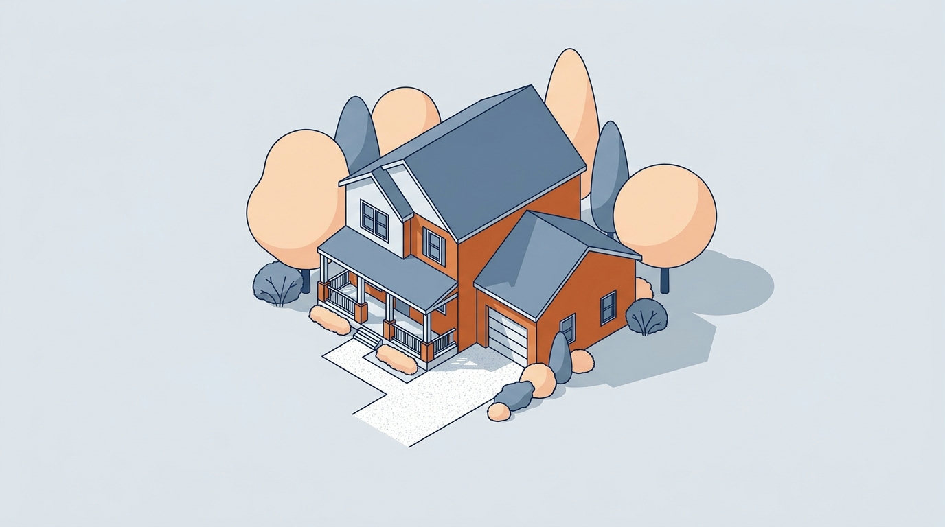 An isometric drawing of a rural single-family home with a porch surrounded by trees.