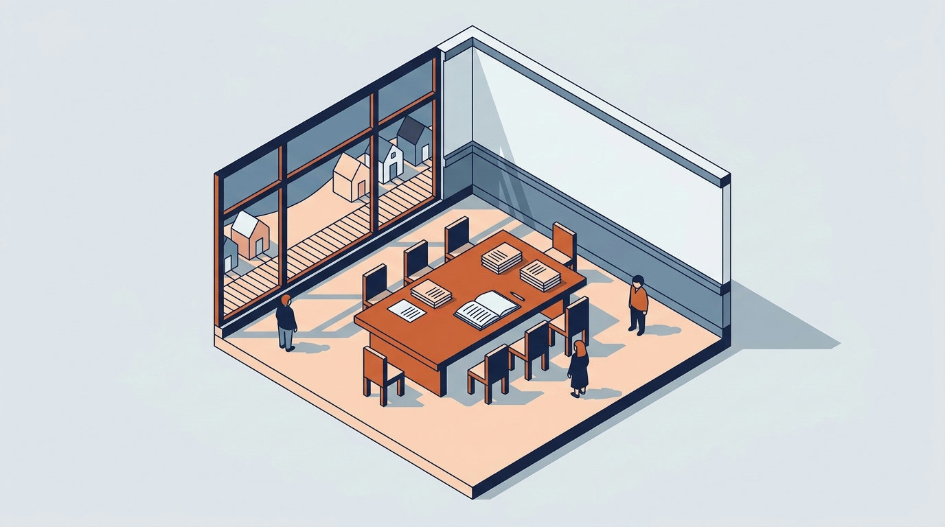 An isometric drawing of a coastal town council chamber with a wooden table, voting documents, and a window showing a beach boardwalk.