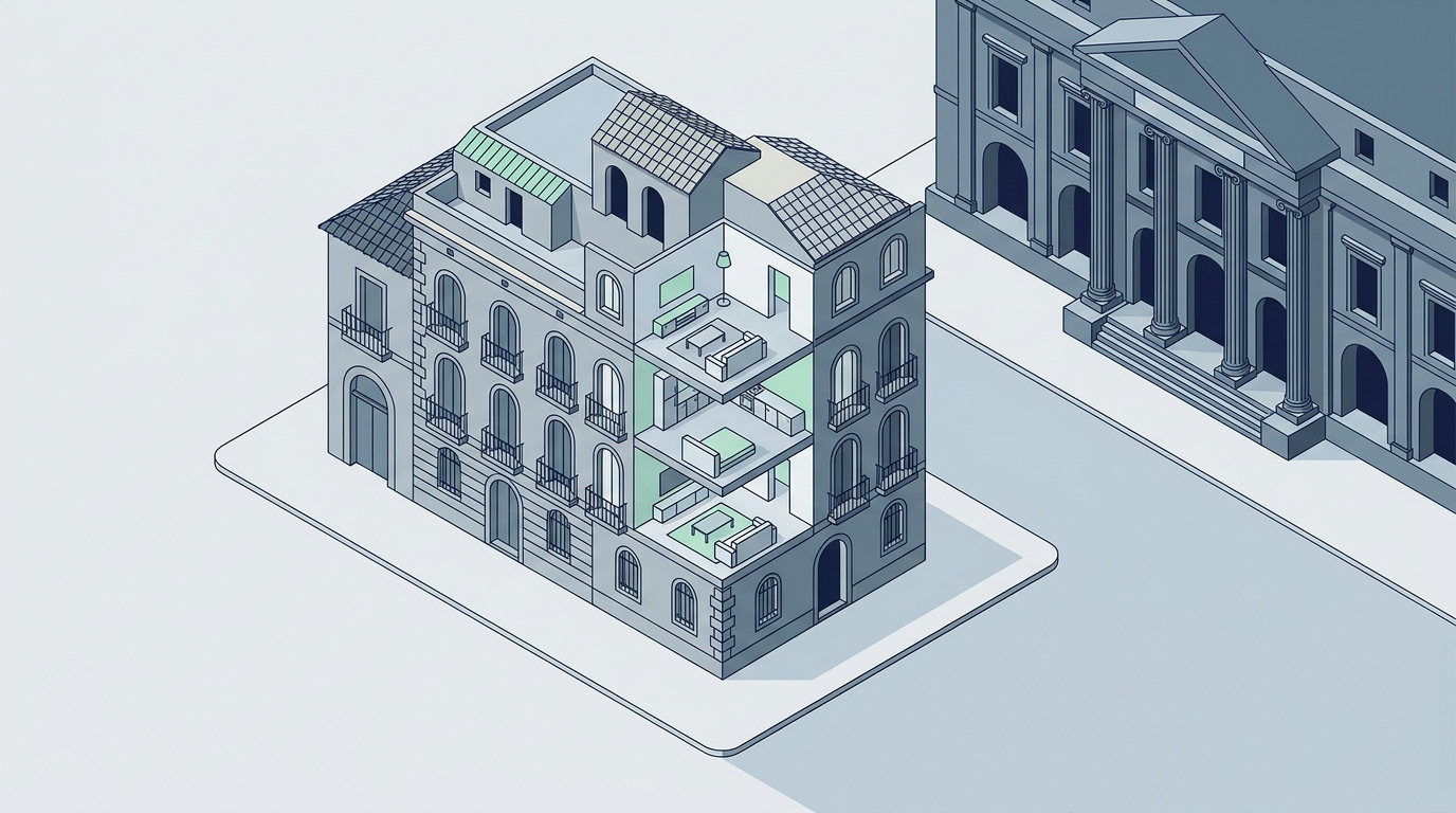 Isometric view of a multi-story residential apartment building opposite an official court hall along a stone street.