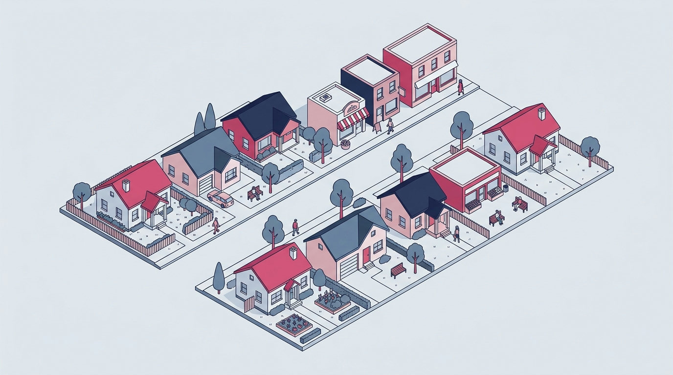 An isometric drawing of a quiet suburban street with houses and small shops, showing a neighborhood without hotels.
