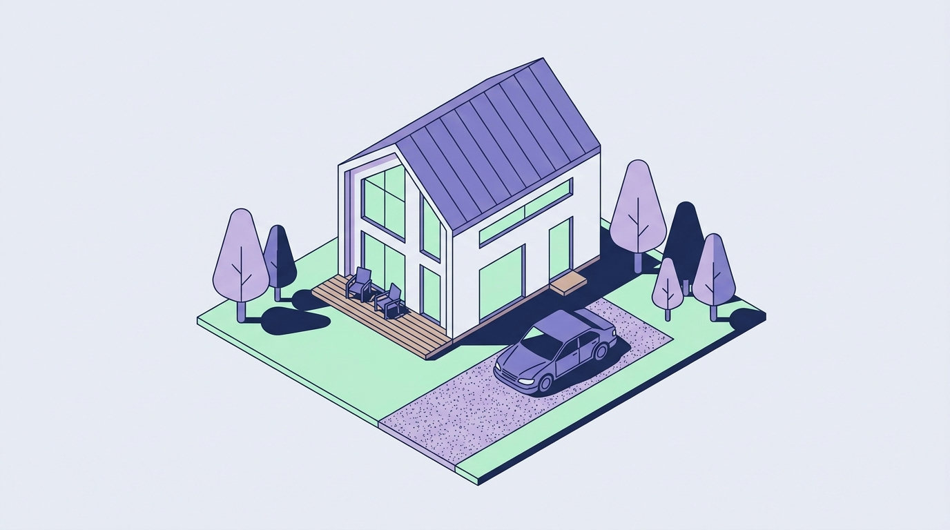 An isometric view of a two-story vacation home with a car parked in the driveway, surrounded by green trees.