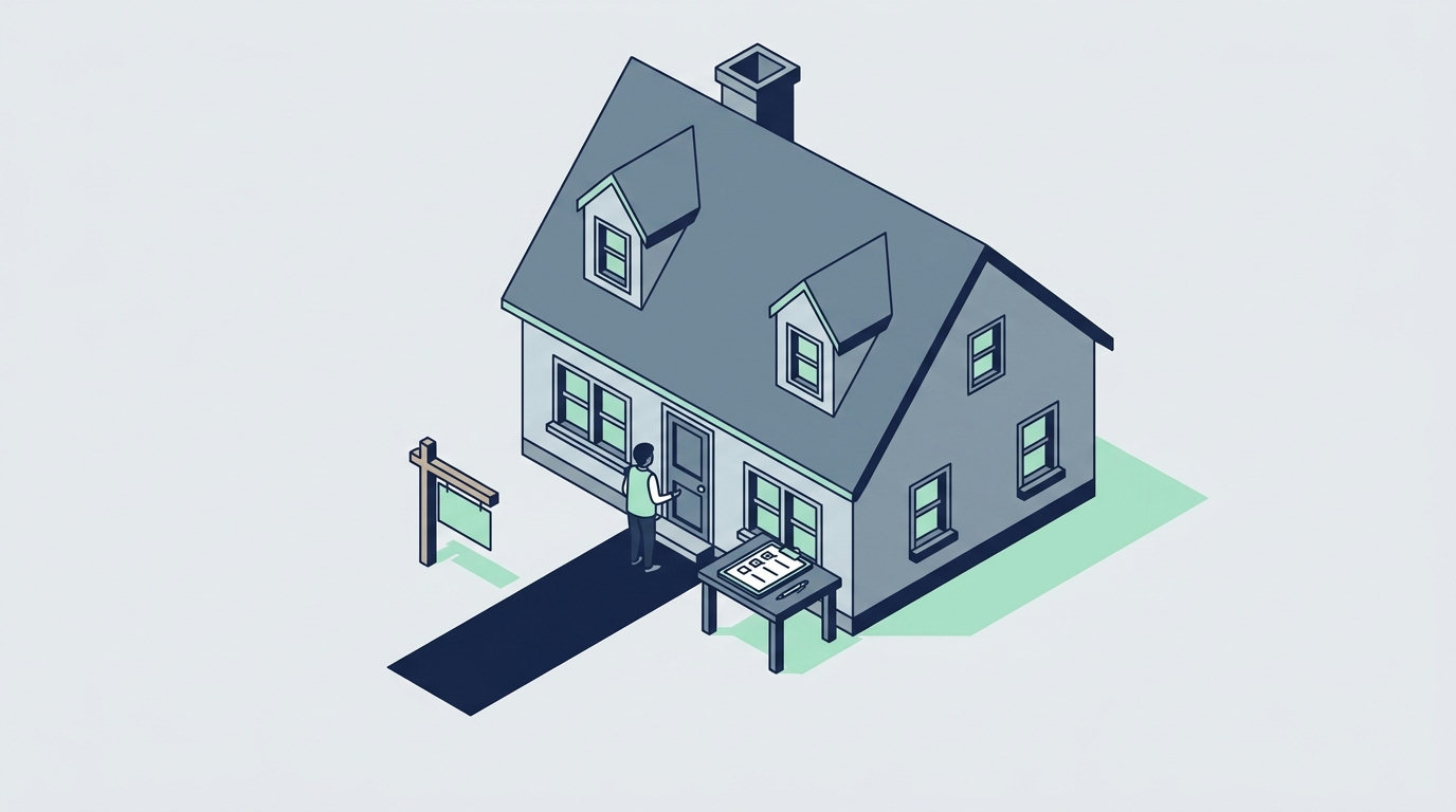 An isometric view of a Cape Cod house with an inspection checklist clipboard on the front porch.