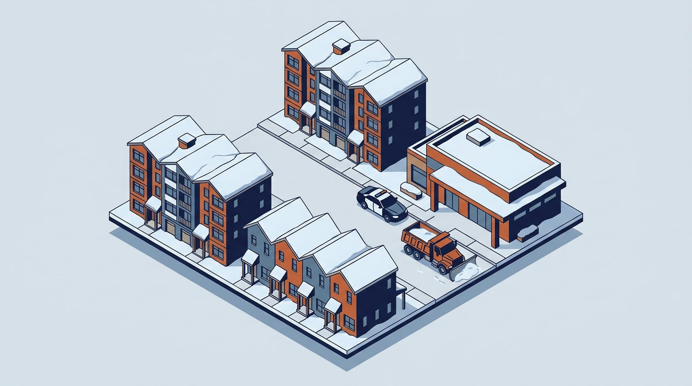 An isometric view of a snow-covered mountain town with condominiums, a police car, and a snowplow working on the street.