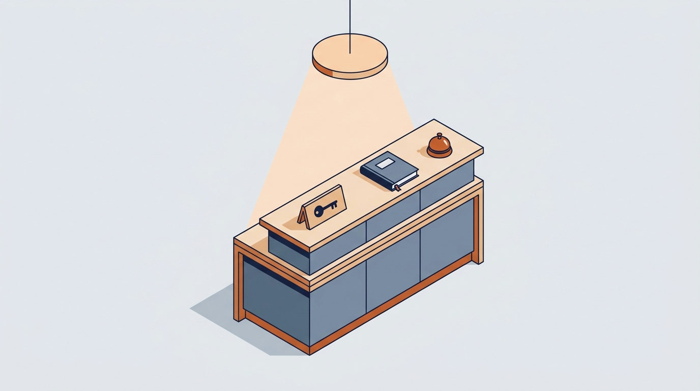 An isometric view of a minimalist reception desk with a guest ledger, a key sign, and a brass bell under a warm light.