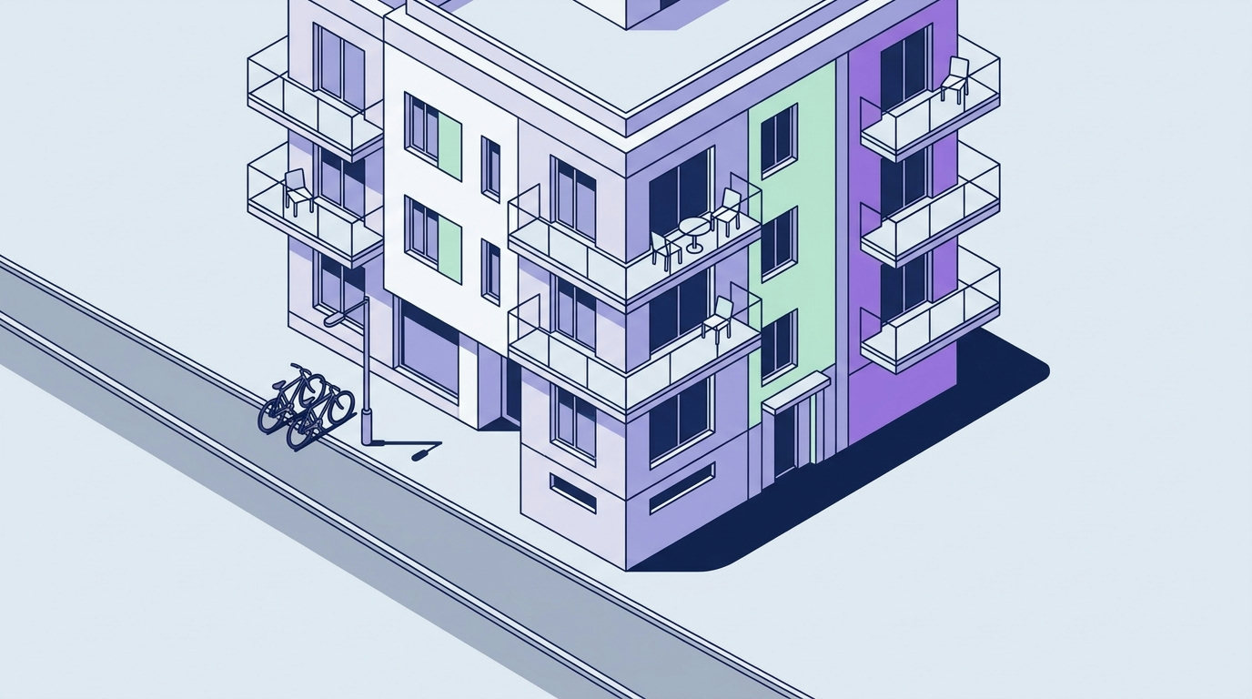 An isometric view of a modern European apartment building with balconies on a sunny day.