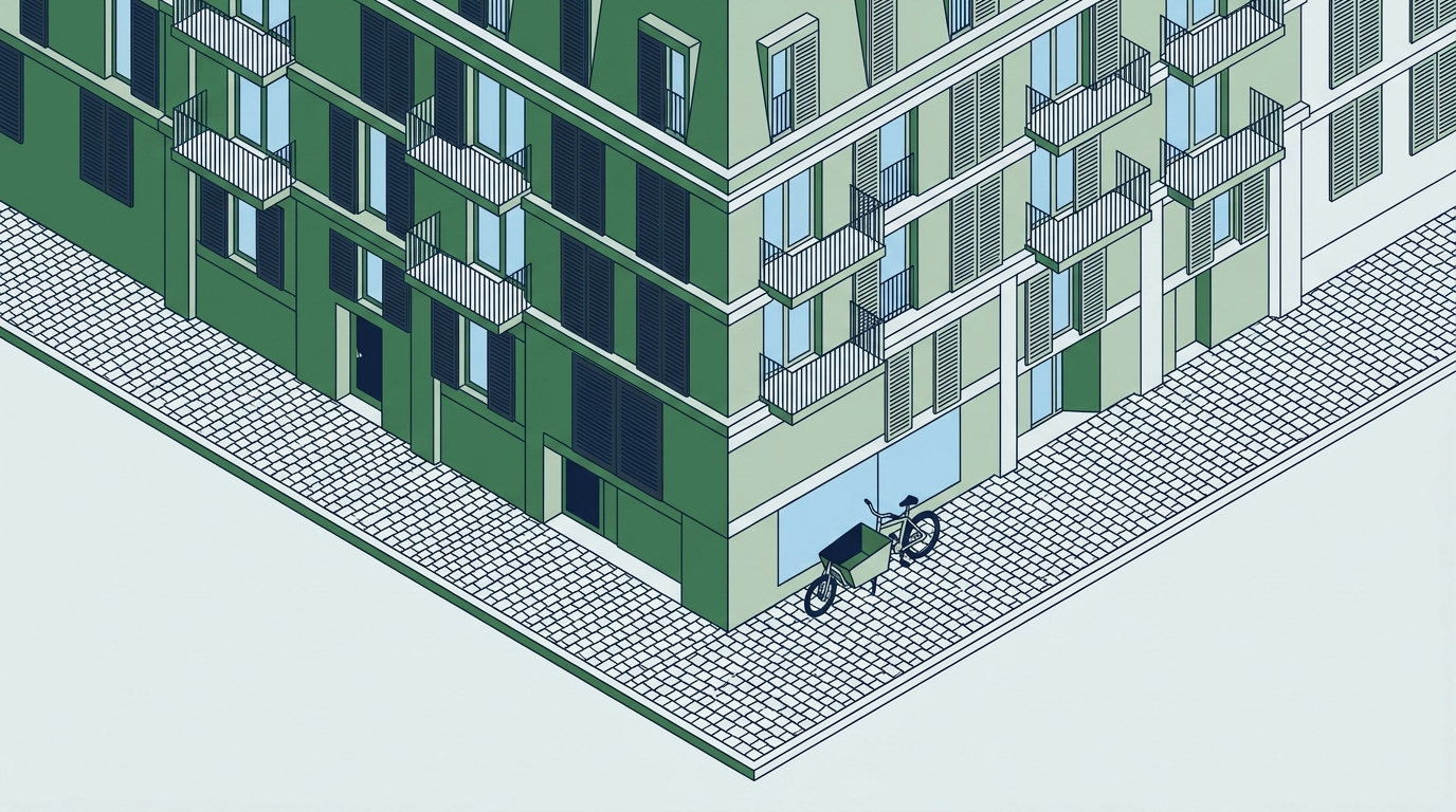 A high-angle isometric drawing of a quiet European apartment building with closed shutters on a cobblestone street.
