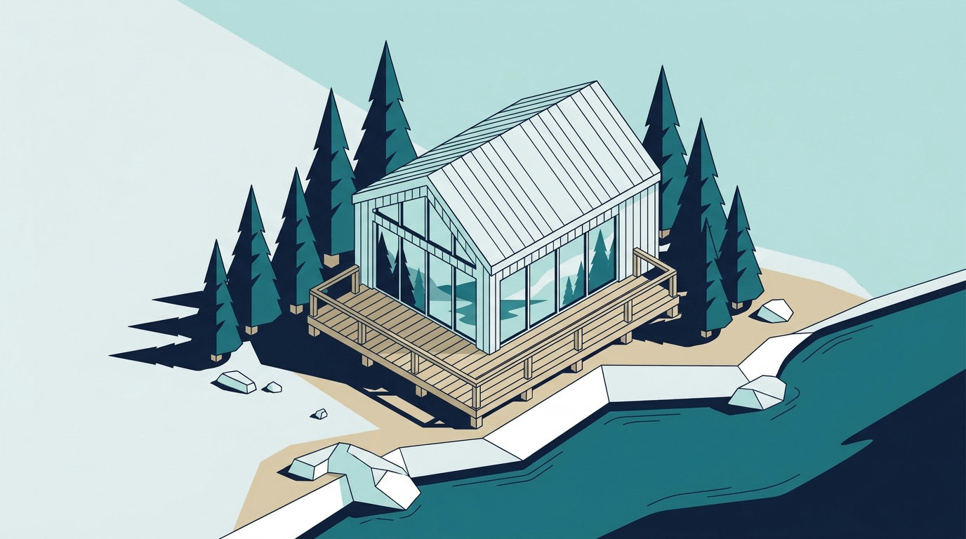 An isometric drawing of a modern wooden cabin near a quiet fjord surrounded by pine trees.