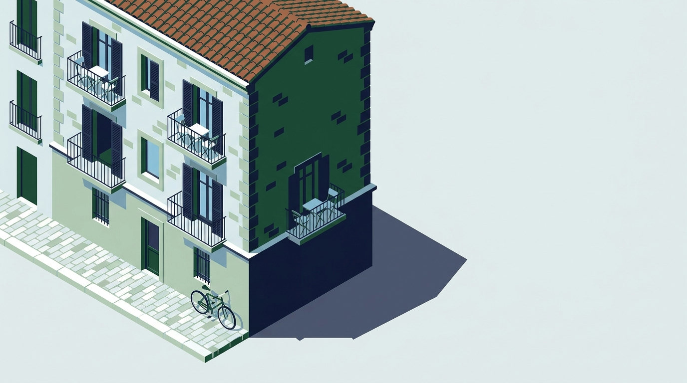 An isometric drawing of a traditional stone apartment building with balconies and shuttered windows on a quiet cobblestone street.