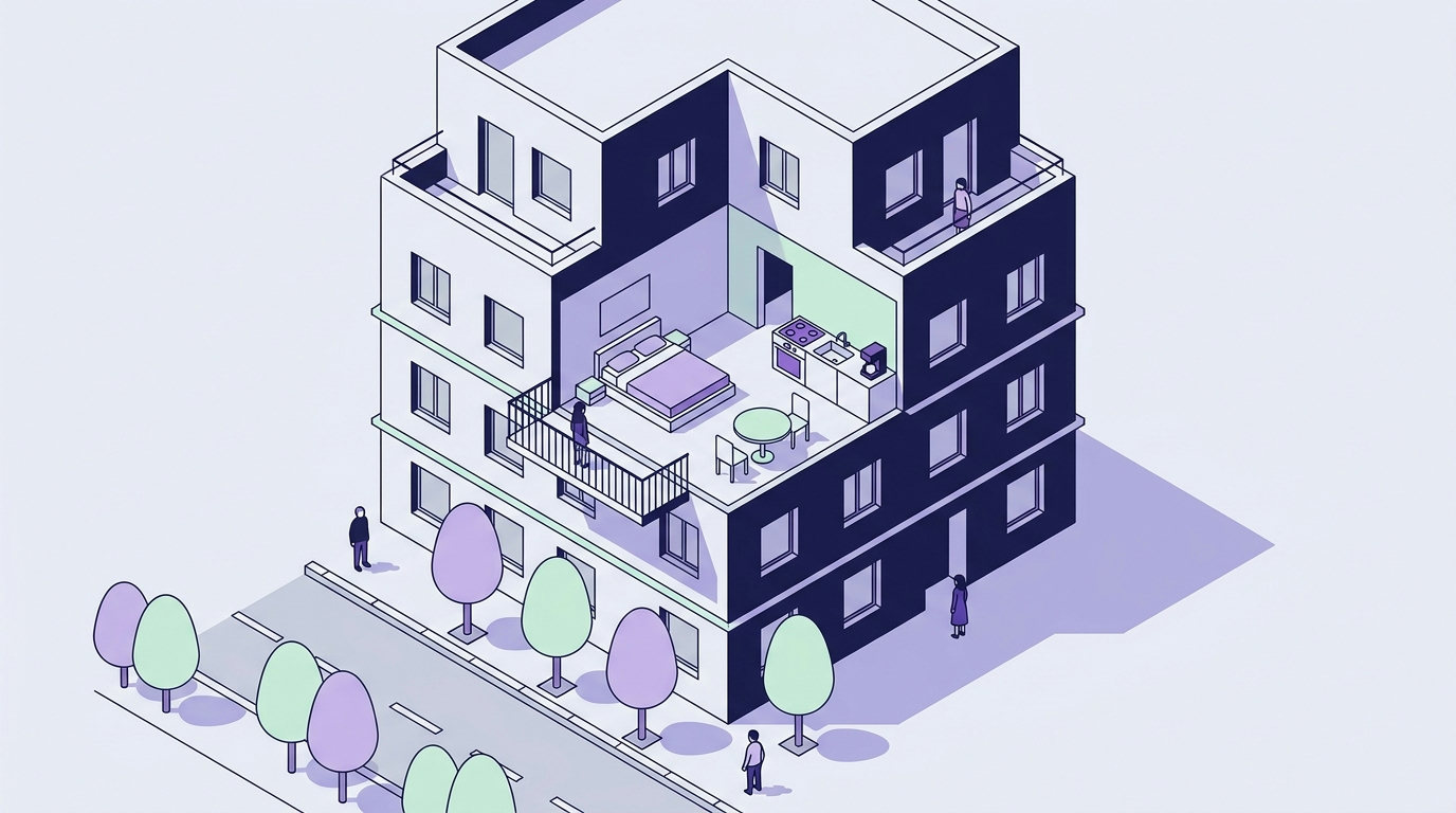 An isometric cutaway view of a modern European apartment building showing a clean, professionally managed interior with a bedroom and kitchen.