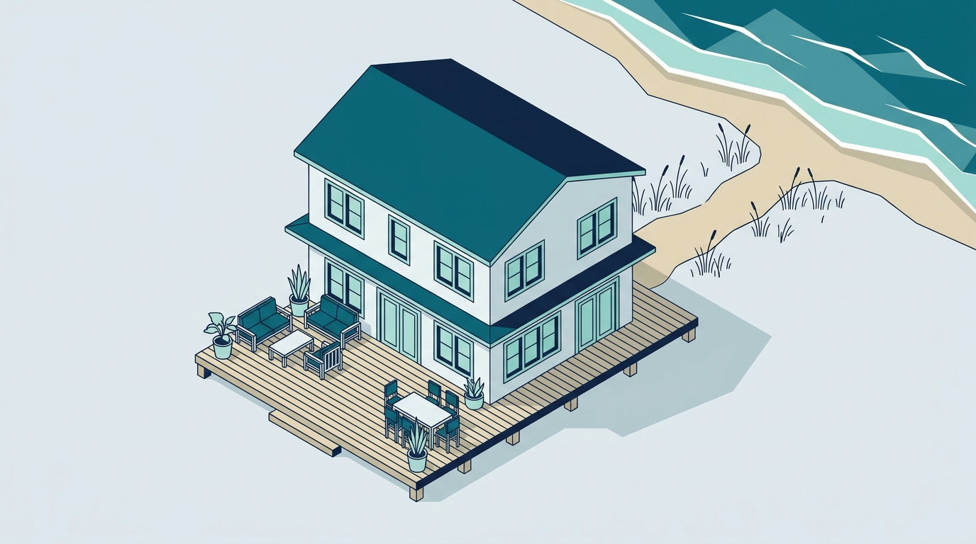 An isometric drawing of a two-story coastal vacation home with a wooden deck and a sandy path leading to the ocean.