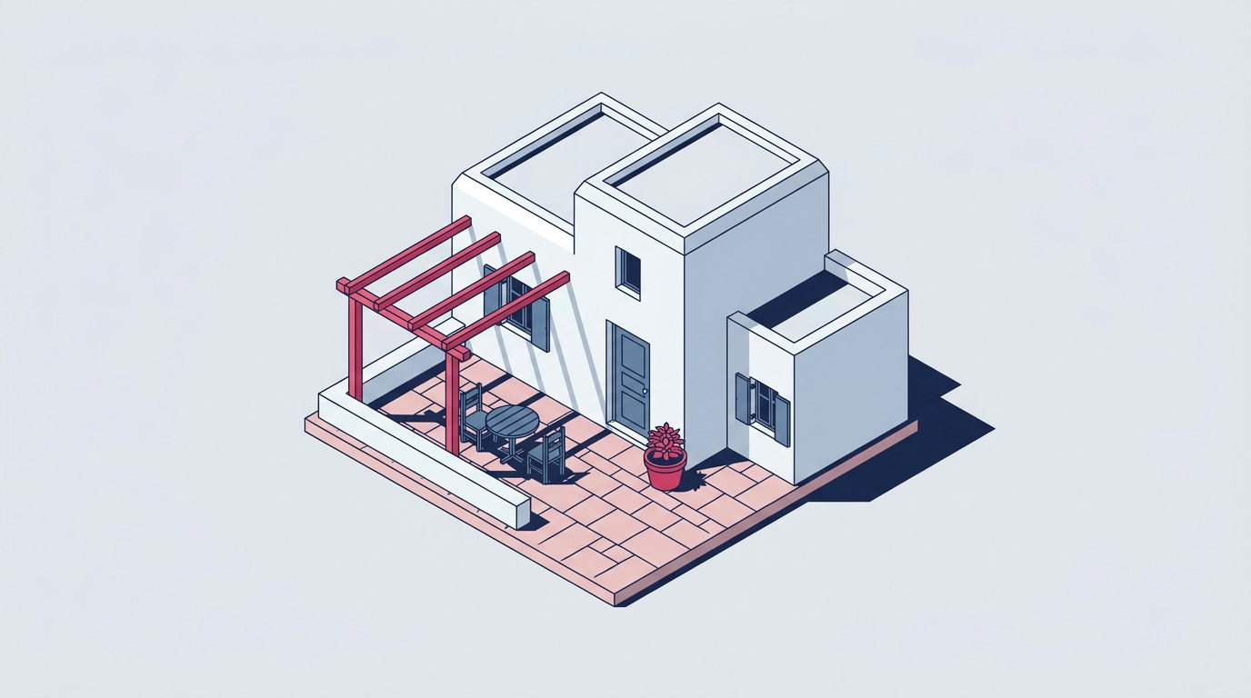 An isometric drawing of a white-walled Greek island building with a blue door and a quiet outdoor terrace.
