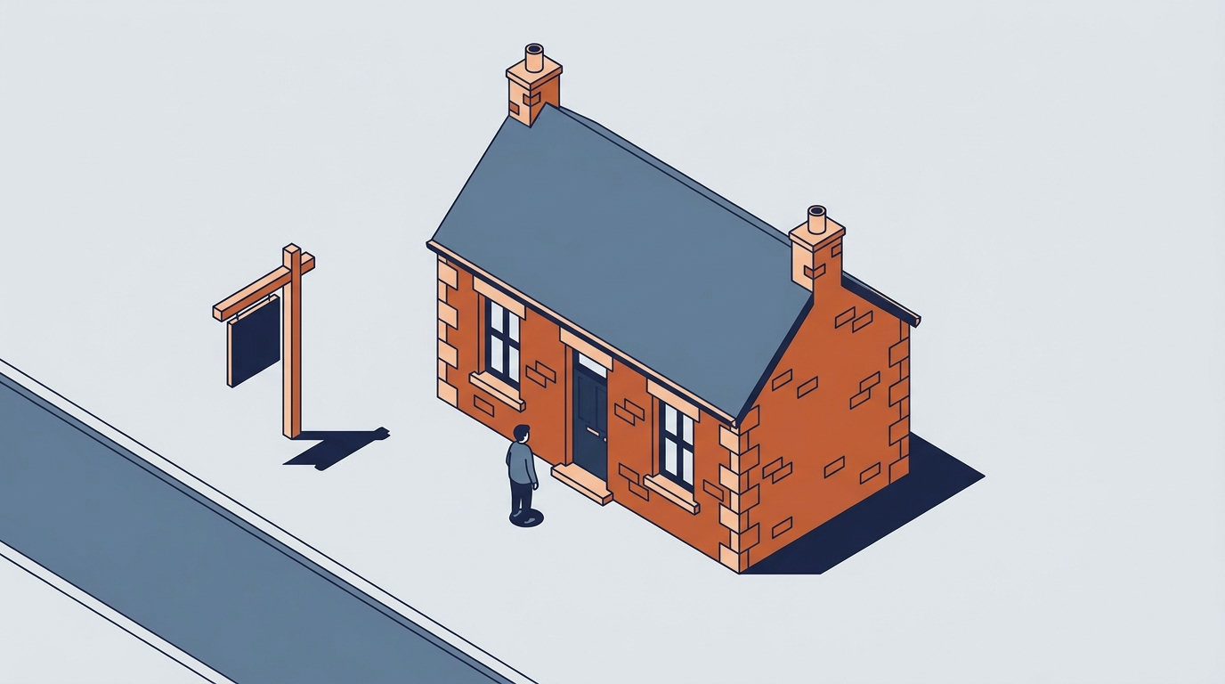 An isometric drawing of a traditional stone guest house with a slate roof next to a quiet road.