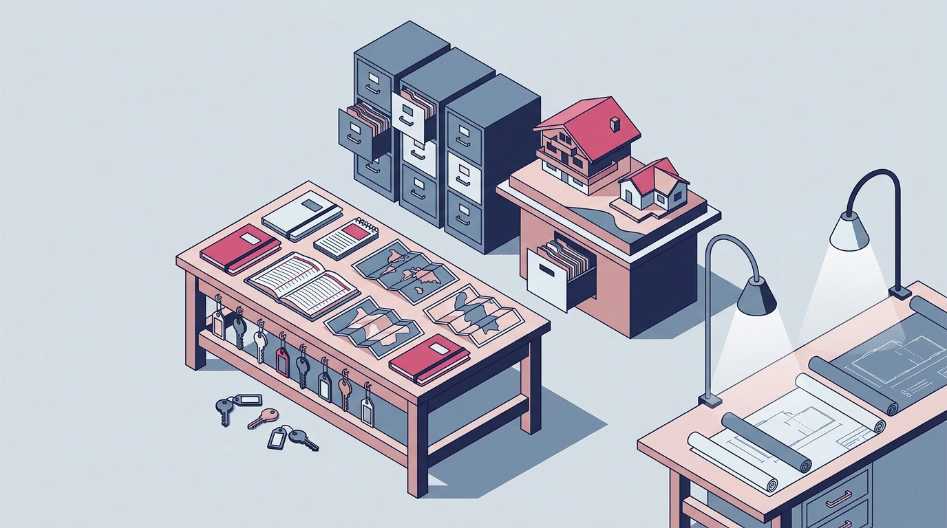 Isometric view of an office workspace with physical keys, maps, architectural holiday house models, and file drawers.