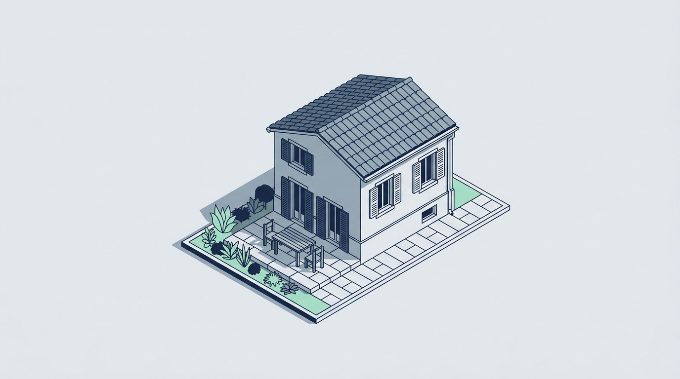 An isometric drawing of a classic Italian semi-suburban house with terracotta roof tiles and shuttered windows.