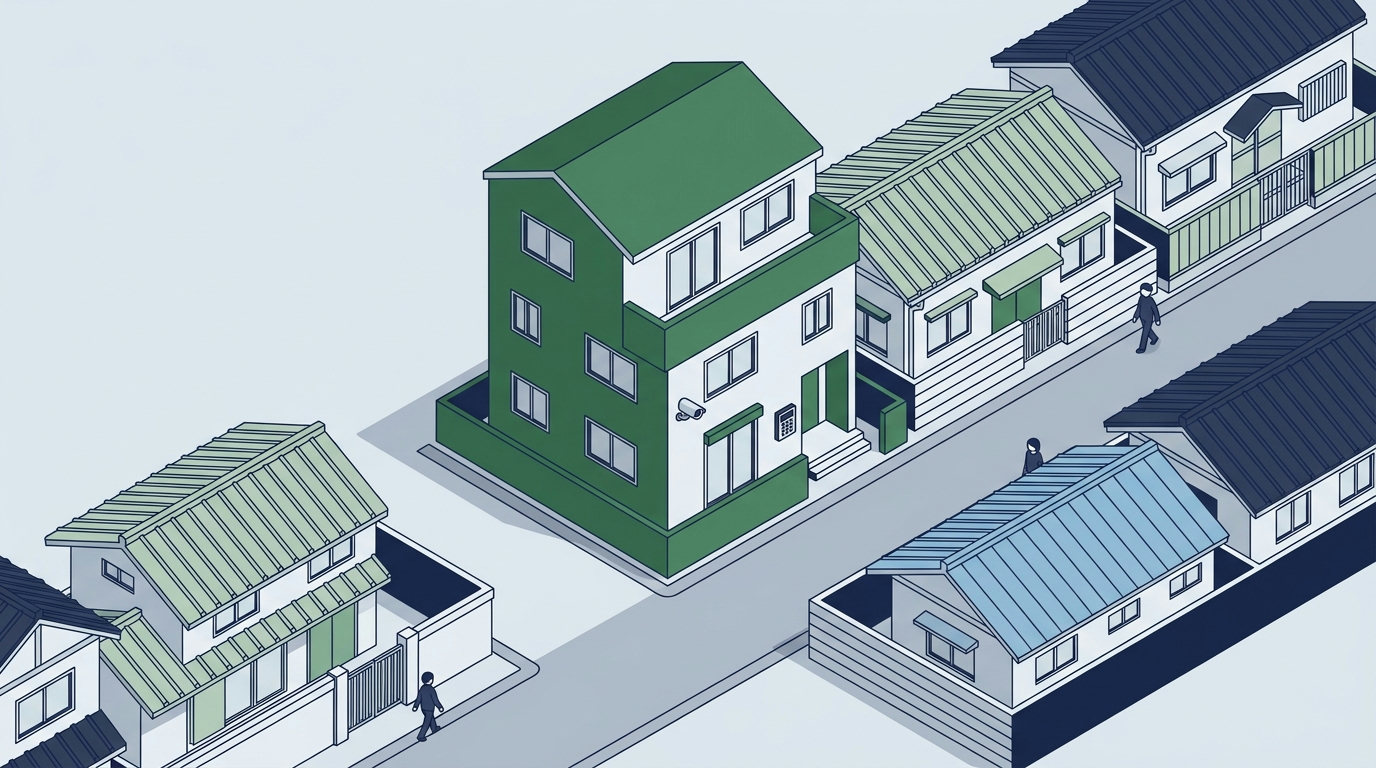 Isometric view of an urban residential house equipped with entrance monitoring equipment alongside neighboring city residences.