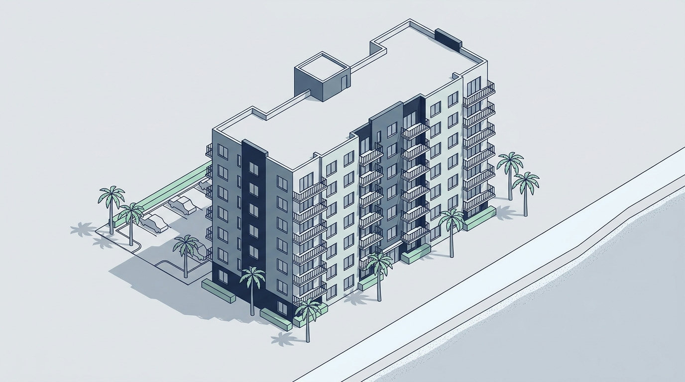 An isometric drawing of a multi-story coastal condominium building with balconies and palm trees.