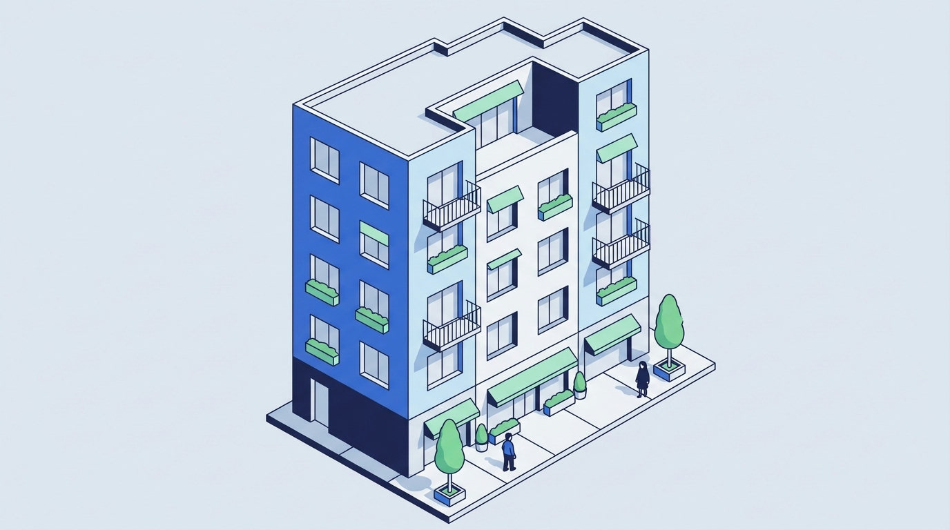 An isometric drawing of a modern apartment building in Mexico with balconies and large windows.