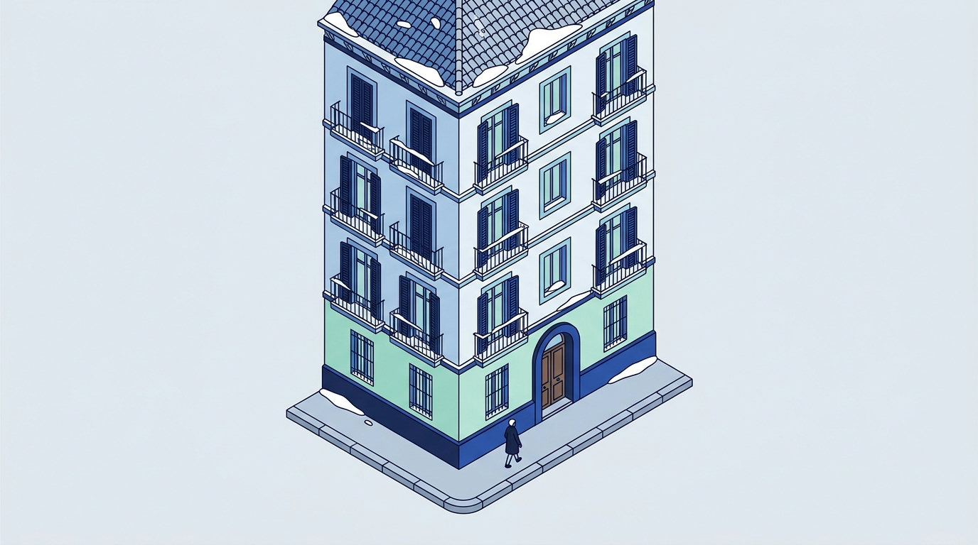 Isometric view of a traditional northern Italian apartment building with snow on the roof.