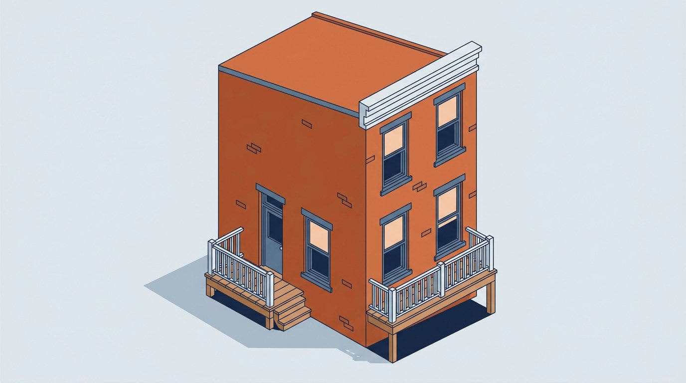 An isometric architectural drawing of a brick rowhouse in Philadelphia.