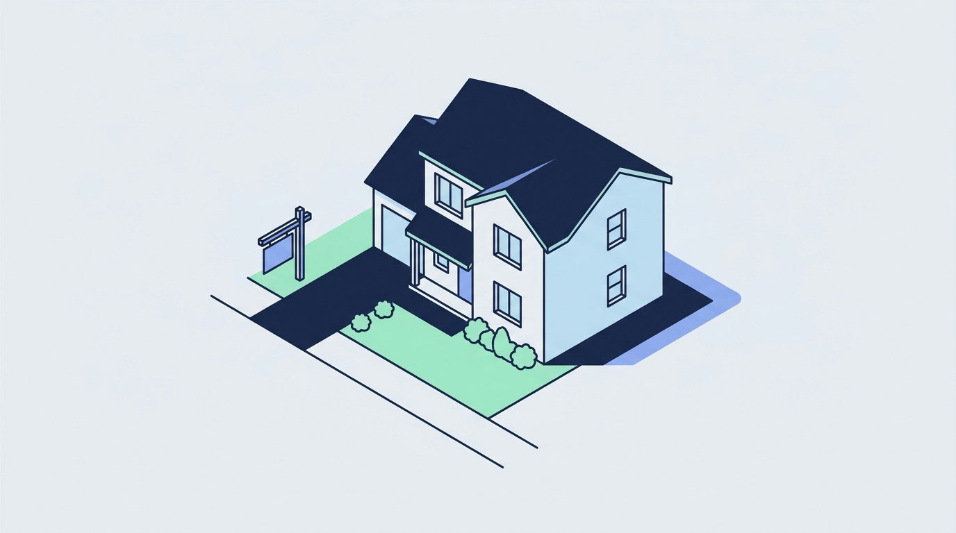 An isometric drawing of a two-story suburban house with a green lawn and a small signpost.