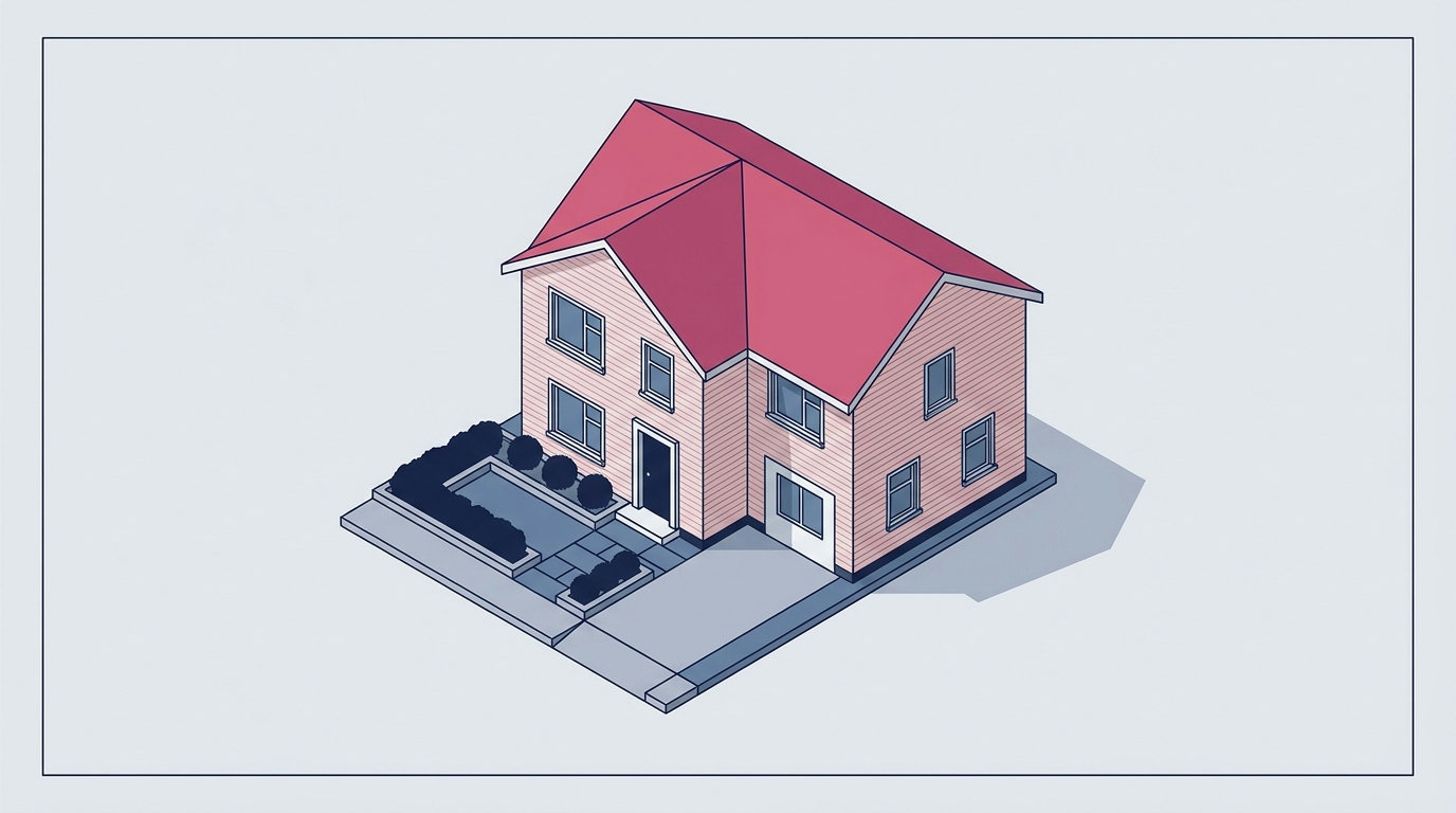A minimalist isometric drawing of a two-story suburban home with a neat yard and driveway.