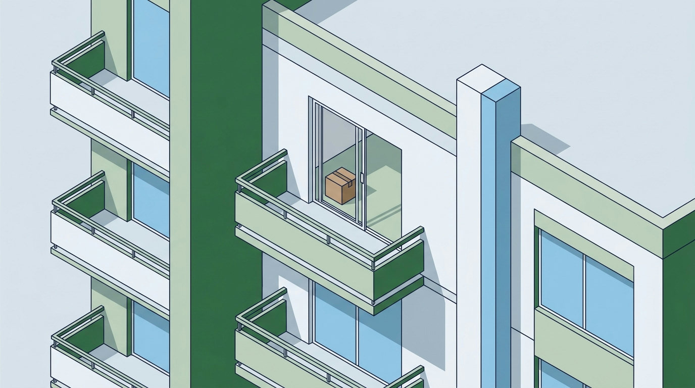 An isometric view of a vacant apartment building facade with empty balconies and an open door showing a bare room interior.