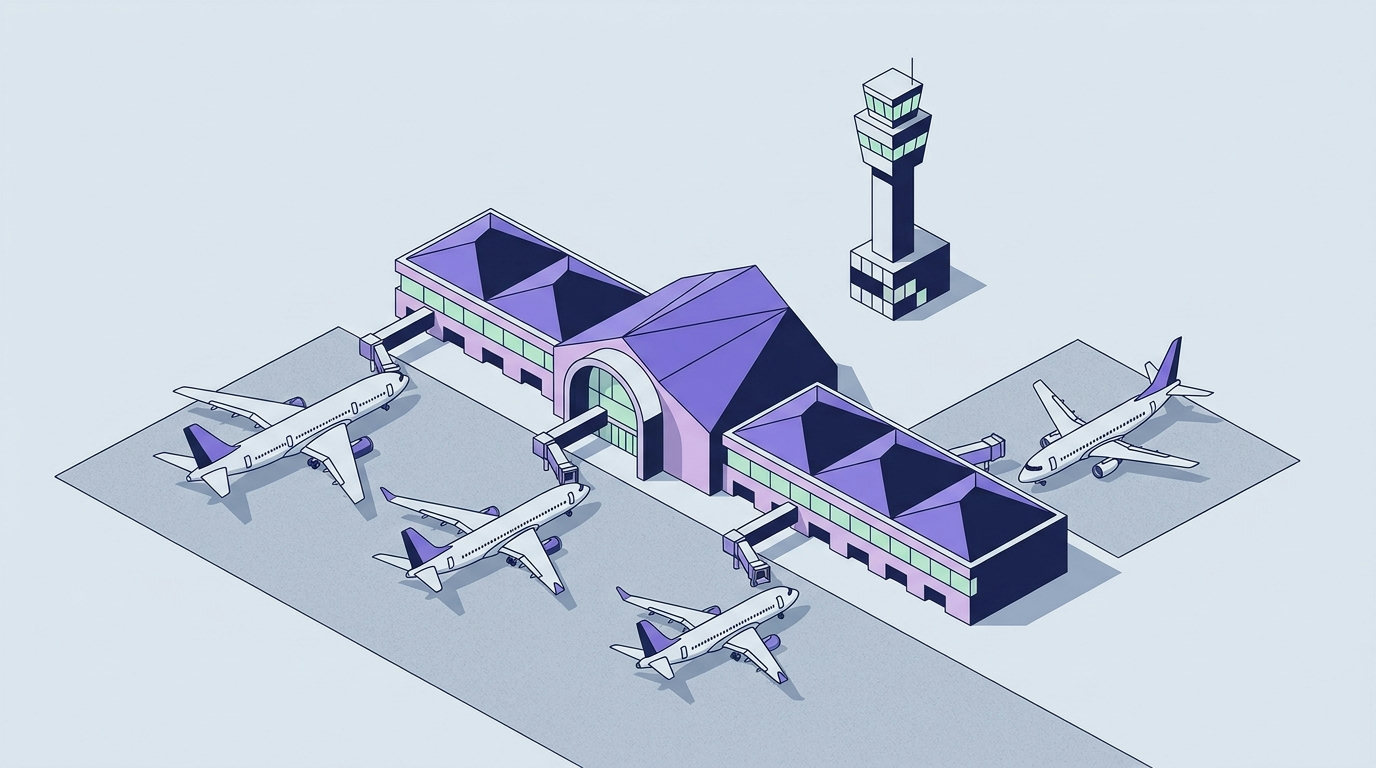 An isometric drawing of a quiet airport terminal and tarmac with parked airplanes under a clear sky.