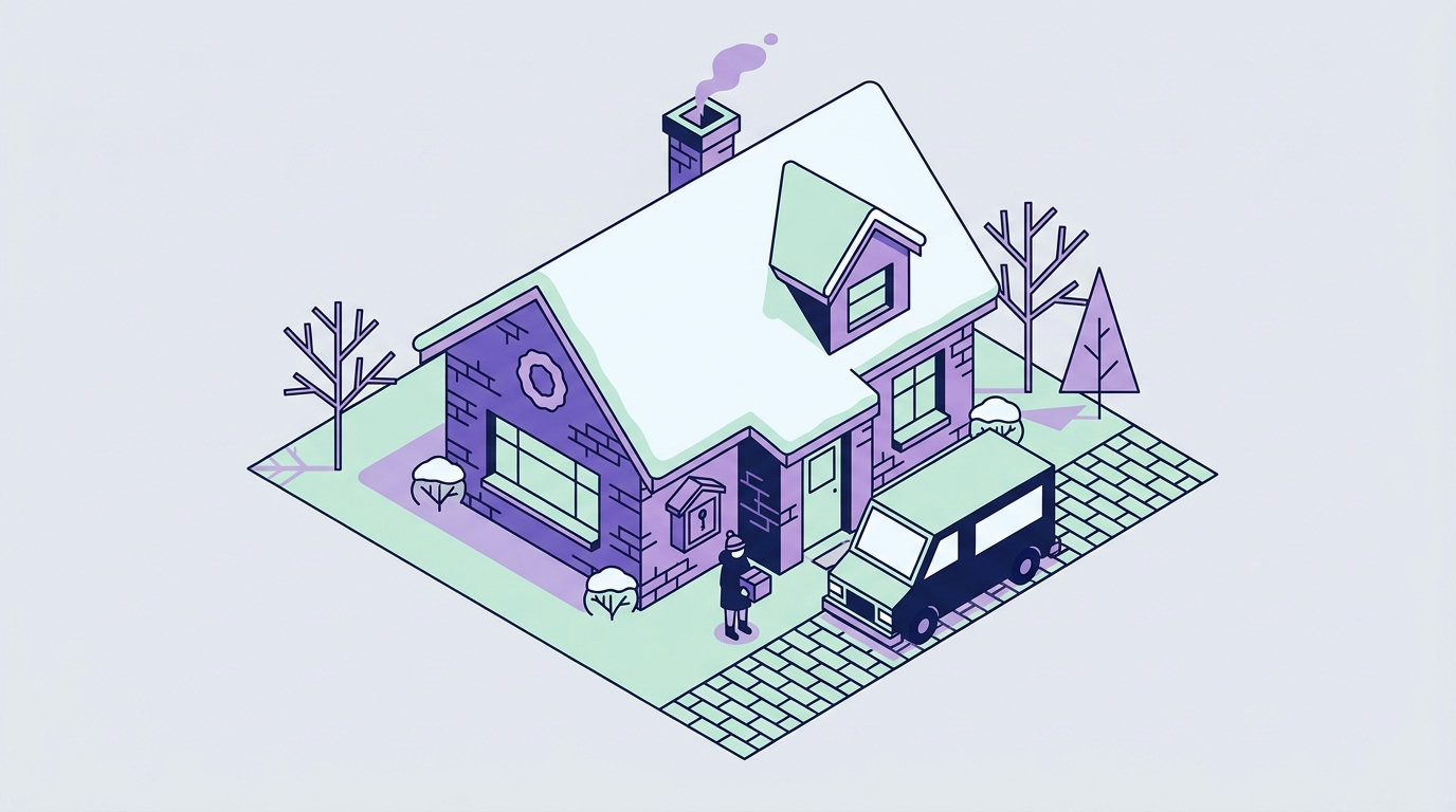 An isometric drawing of a brick holiday cottage with snow on the roof, a delivery van in the driveway, and a keybox by the door.
