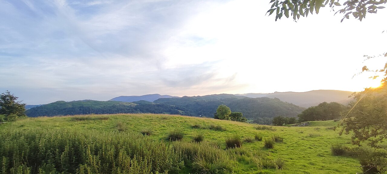 Rough green pasture in the foreground with wooded hills and low fells fading into a pale evening sky.