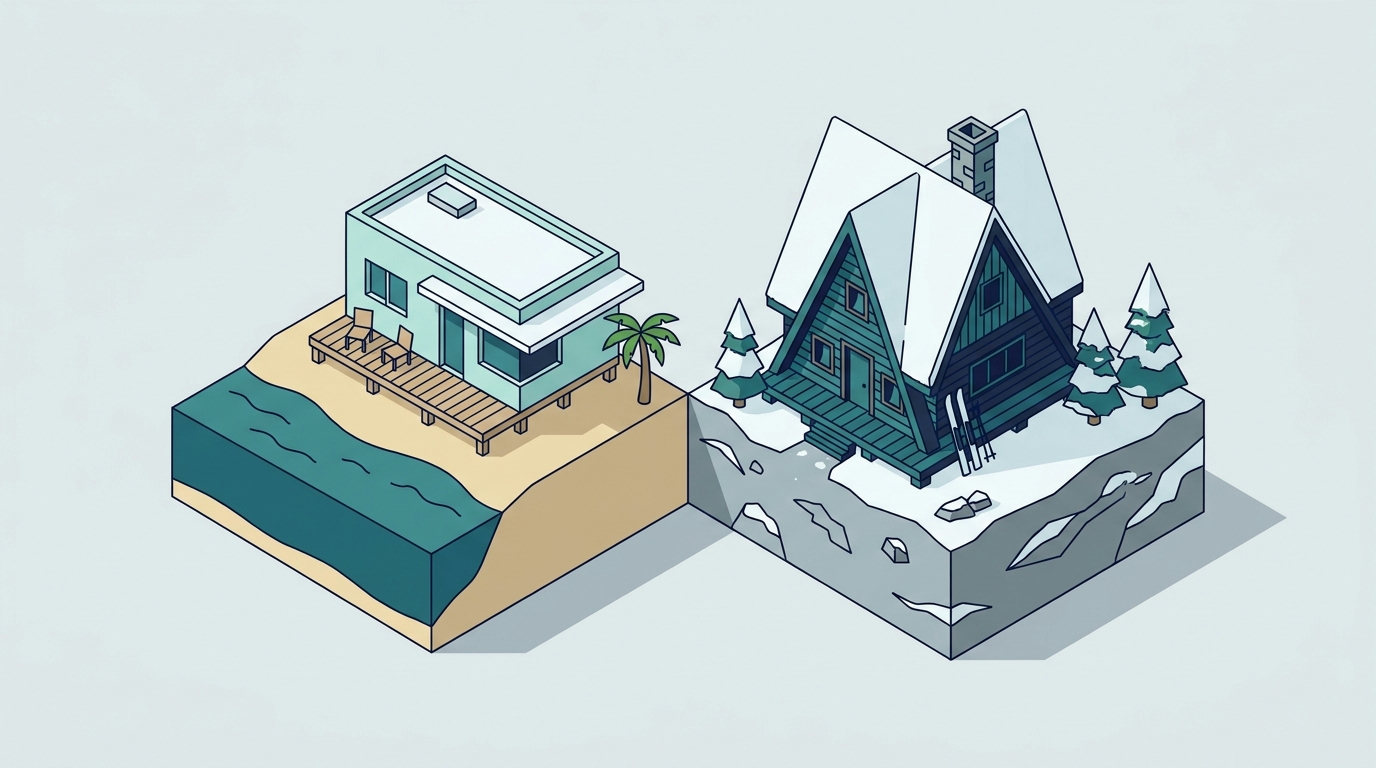 An isometric drawing of a coastal beach house and a snow-covered mountain chalet side by side on a split terrain block.