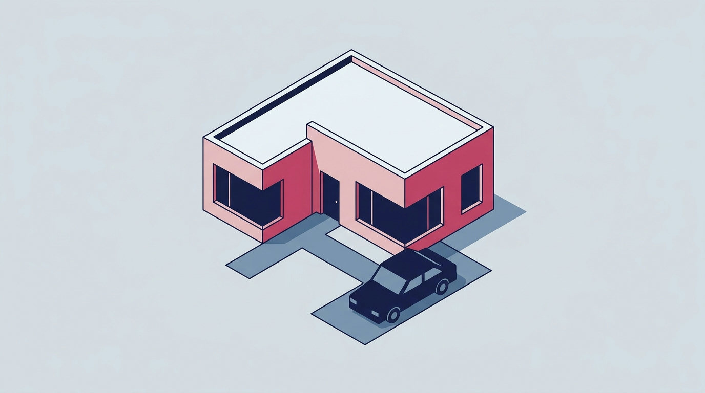 An isometric drawing of a quiet suburban house with dark windows and a single car in the driveway.