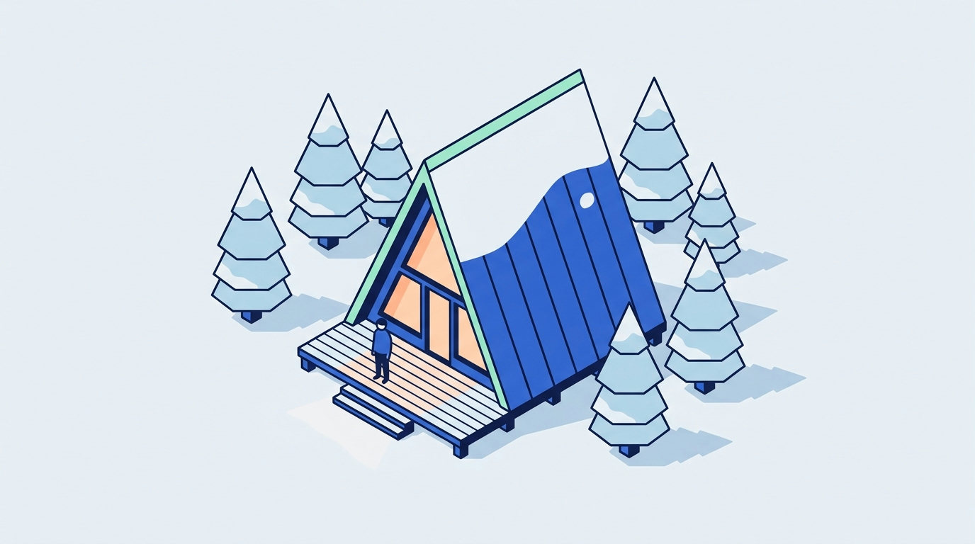 An isometric drawing of a modern A-frame mountain cabin with snow on the roof and a warm light glowing from the front window, set among pine trees.