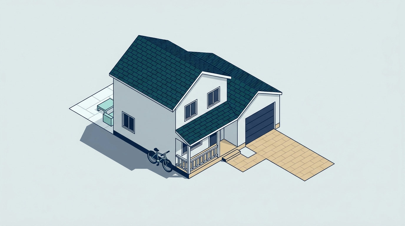 An isometric view of a modern two-story suburban house with grey siding, a dark roof, a neat driveway, and a bicycle parked by the porch.