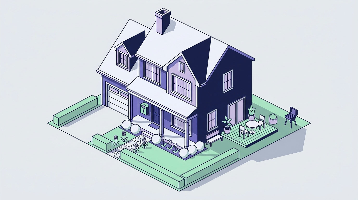 An isometric view of a suburban house with a key lockbox next to the front door.