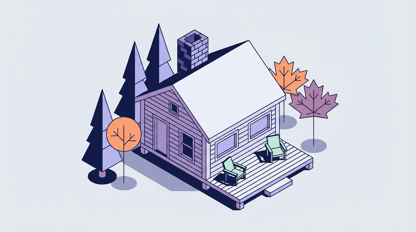 An isometric drawing of a wooden mountain cabin surrounded by autumn trees with orange foliage.