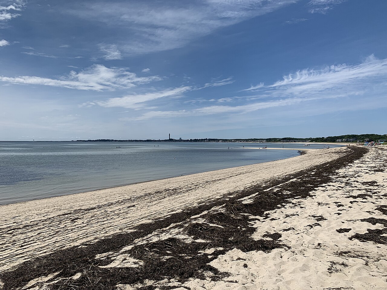 A curving sandy beach strewn with dark seaweed beside calm shallow water under a streaked sky.