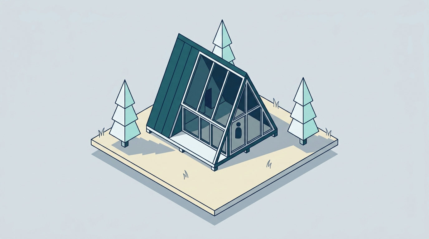 An isometric drawing of a modern A-frame cabin on a simple grassy plot with a neutral background.