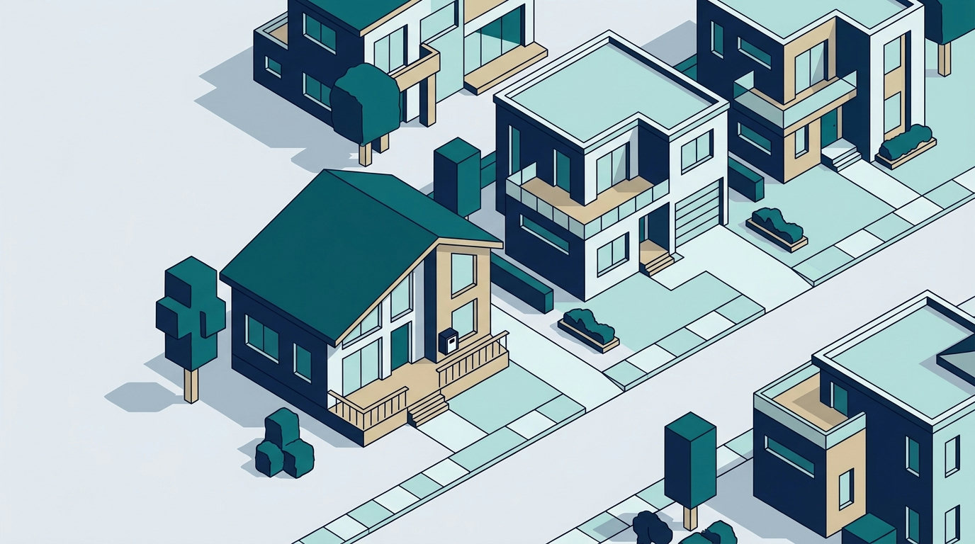 An isometric drawing of a quiet suburban street with modern homes, focusing on a front porch with a key lockbox.