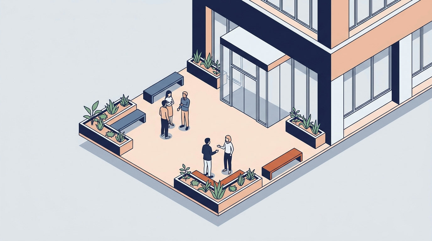 An isometric drawing of business professionals conversing in the courtyard of a modern office building.