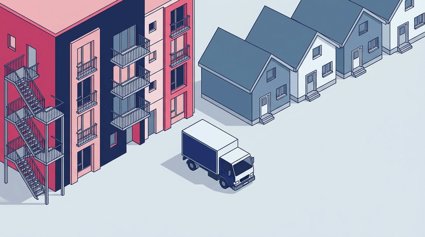 An isometric view of an urban residential building alongside suburban holiday cottages with a vehicle on the street.