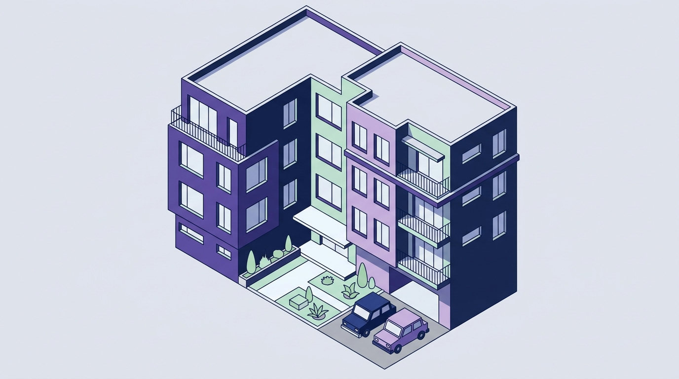 An isometric drawing of a modern suburban apartment building with balconies and a small front garden.